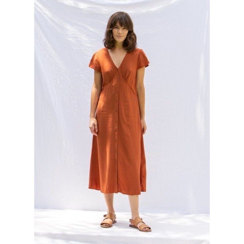Lacausa Melody Dress Women's Size Medium M Rust Orange Button Midi Rayon